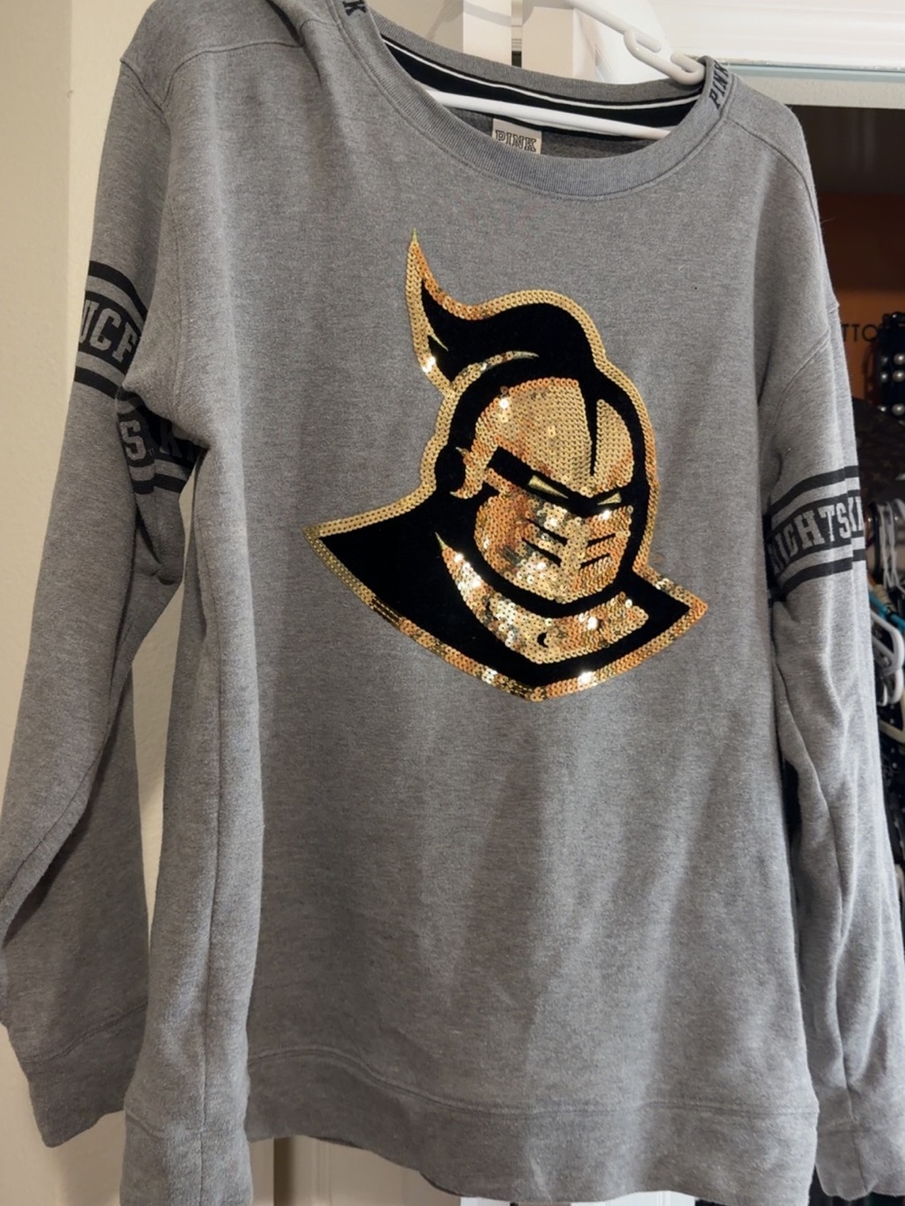 PINK Victoria's Secret Gray Sweatshirt with Gold & Black Sequin Knight Graphic